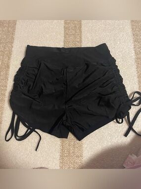 High-Waist Black Ruched Side Drawstring Women’s Shorts